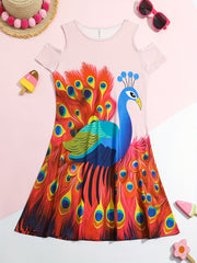 Girls Peacock Graphic Cold Shoulder Short Sleeve Dress Summer Clothes Party Gift