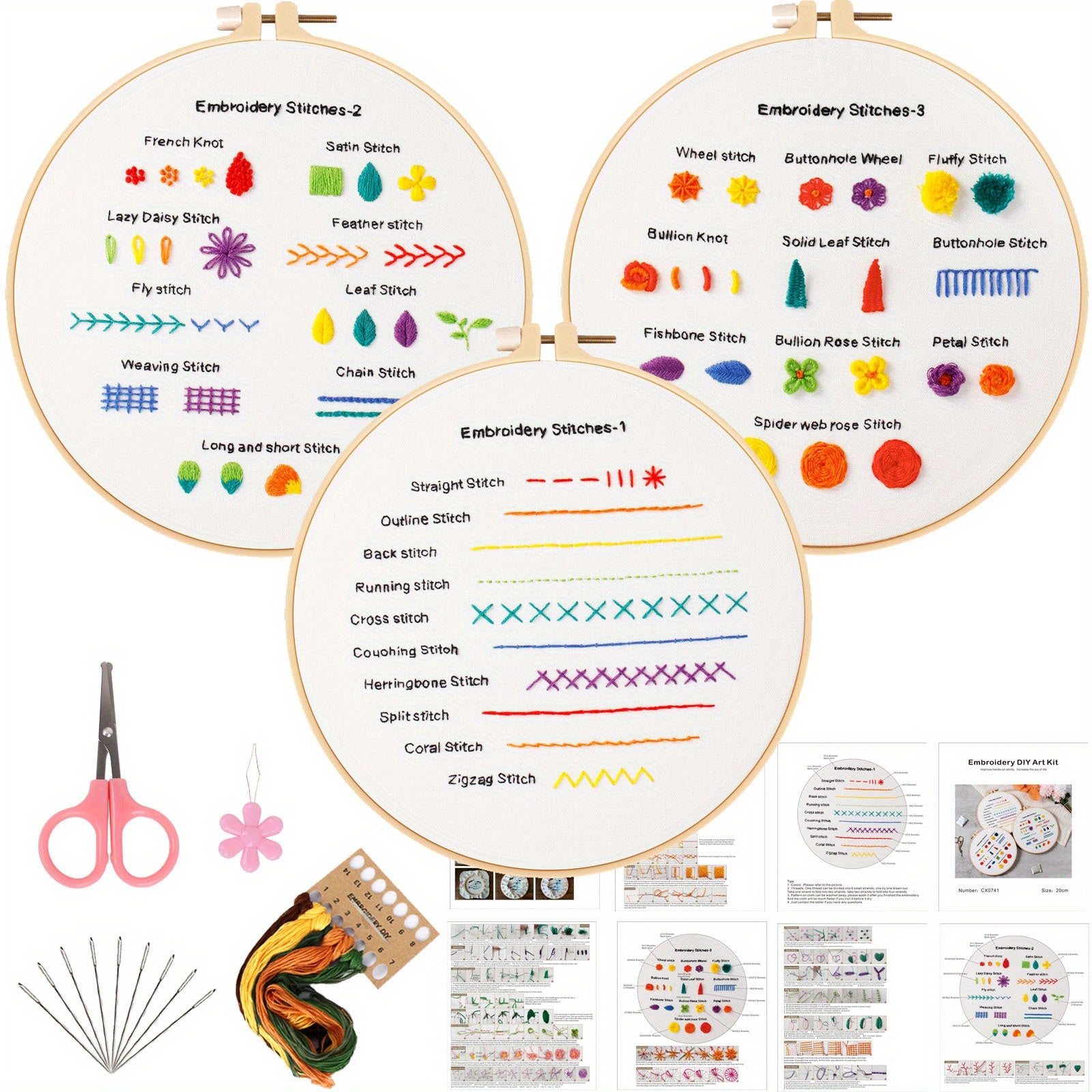 Embroidery Starter Kit Adults Embroidery Cloth Hoop Thread Needles Instruction