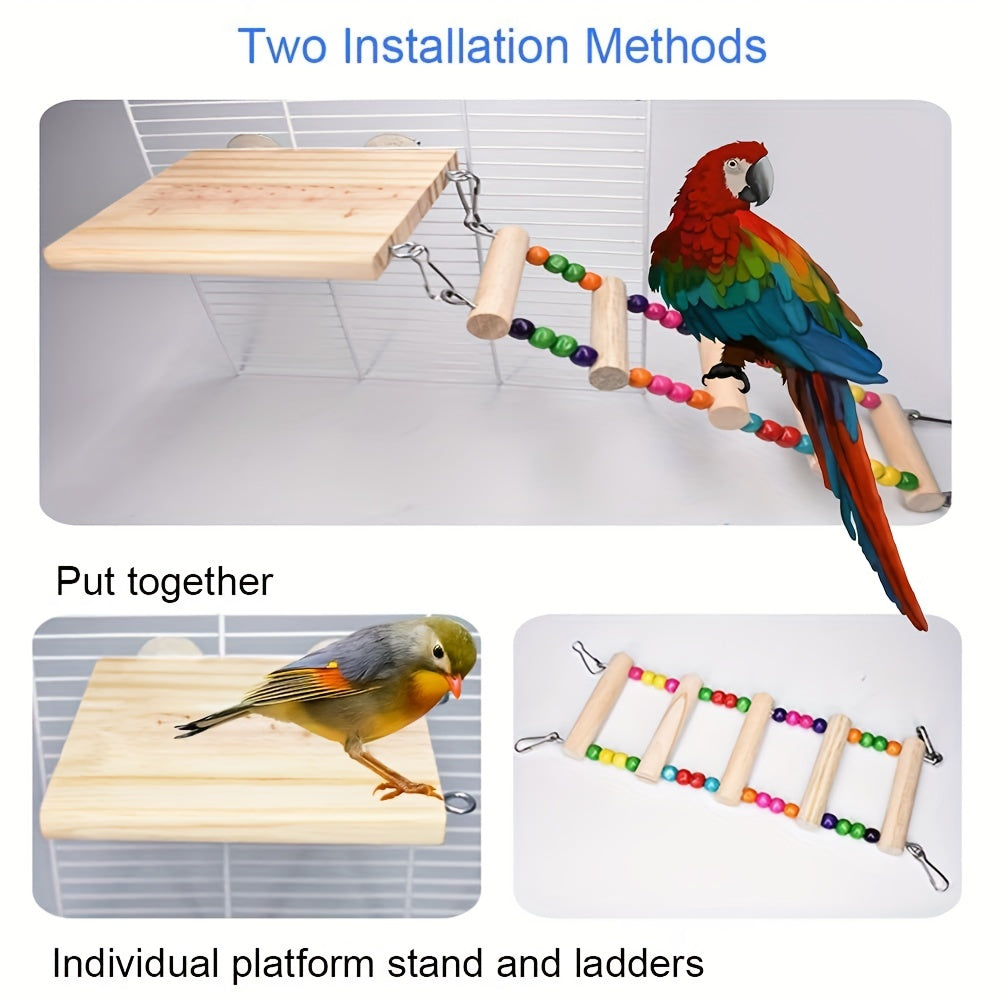 Wood Parrot Bird Perch Stand Platform With 4 Ladders Swing Bridge