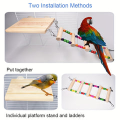 Wood Parrot Bird Perch Stand Platform With 4 Ladders Swing Bridge