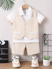 Boys Formal Gentleman Outfits Short Sleeve Shirt&Shorts&Vest Kids Clothing Set