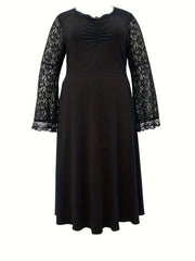Gothic Dress Women's Solid Contrast Lace Bell Sleeve Maxi Dress