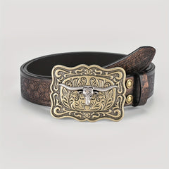 Cattle Long Horn Buckle Floral Pattern Belt Western Cowboy Leather Vintage Belt