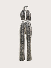 Sexy Print Summer Pantsuits Lace Up Halter Tops & High waisted Pants Set