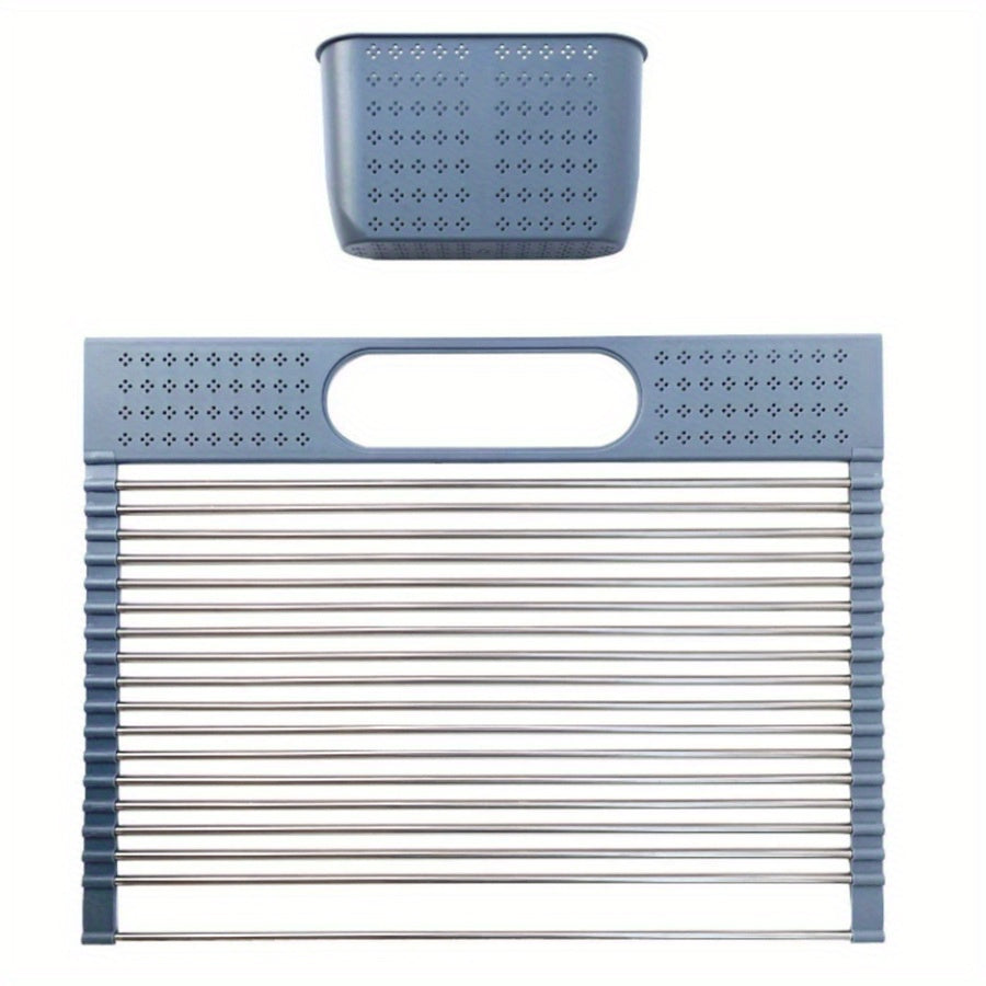 Stainless Steel Roll Up Dish Drying Rack with Utensil Holder