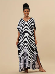 Boho Style Cover Up Dress V Neck Loose Fit Split Beachwear Kaftan