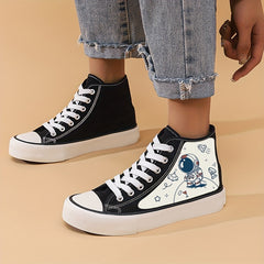 Cartoon Astronaut Print High Top Canvas Sneakers
