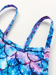 Girls Mermaid Fish Scale Print Swimsuit Sleeveless Camisole Mesh Decor