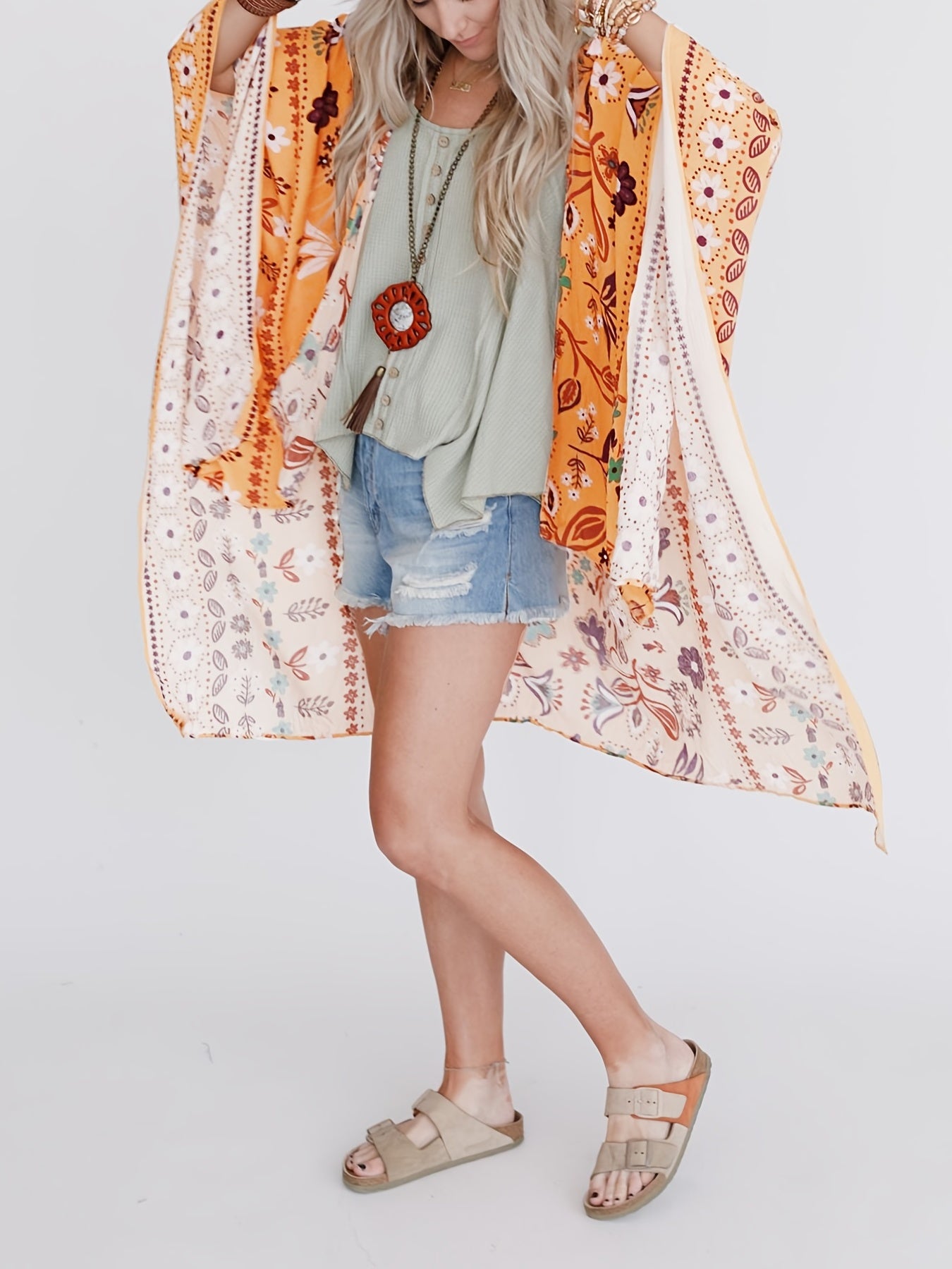 Floral Print Loose Fit Cover Up Rash Guard Kimono