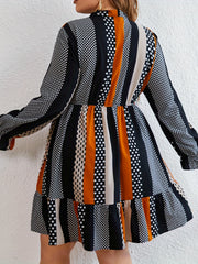 Colorblock Dot Print Button Up Lantern Sleeve Bow Knot Smock Dress