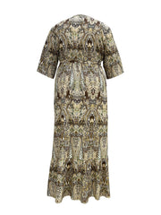 Boho Maxi Smock Dress Plus Size Paisley Print V Neck Half Sleeve