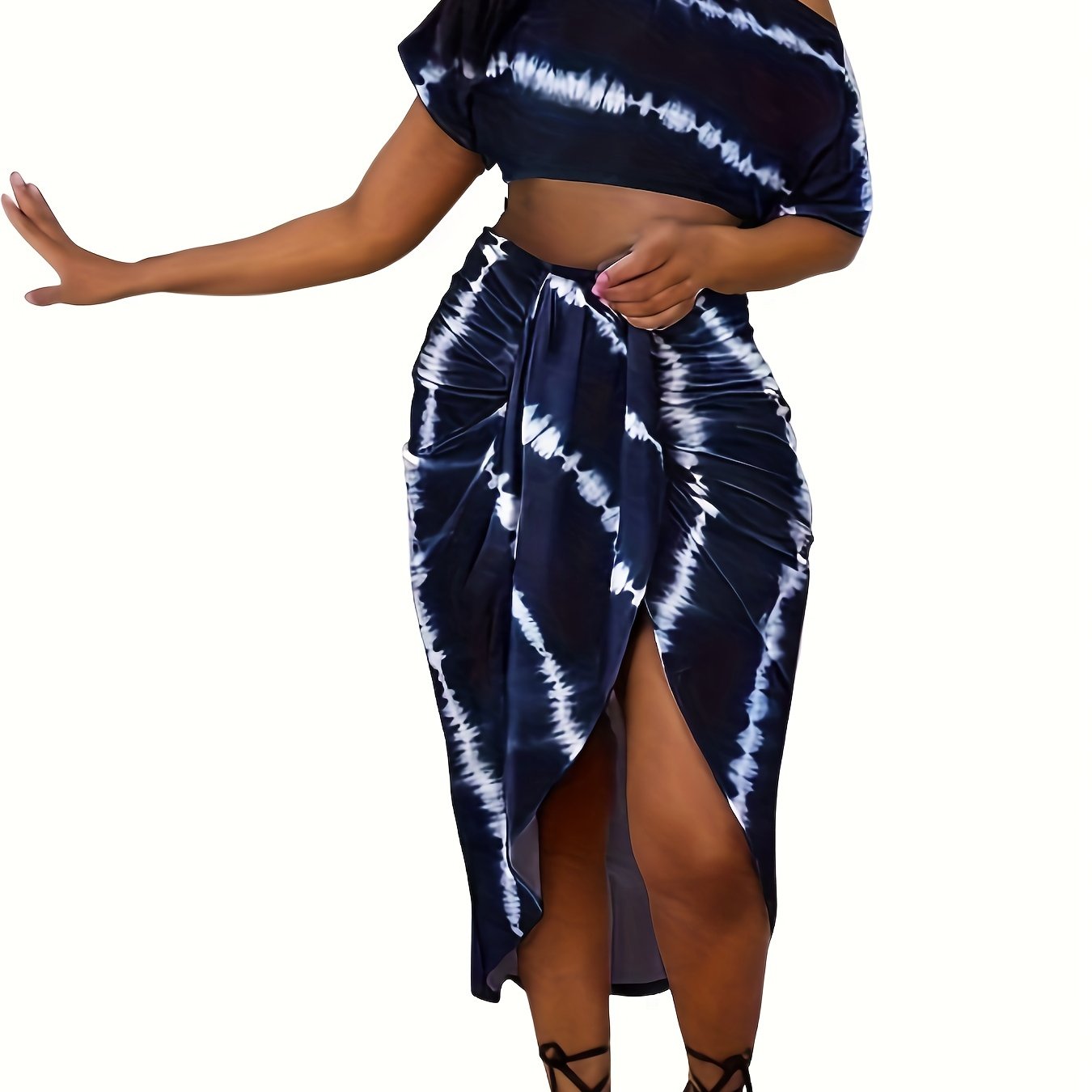 Striped Print Two piece Set Ruched Bag Hip Skirts Outfits