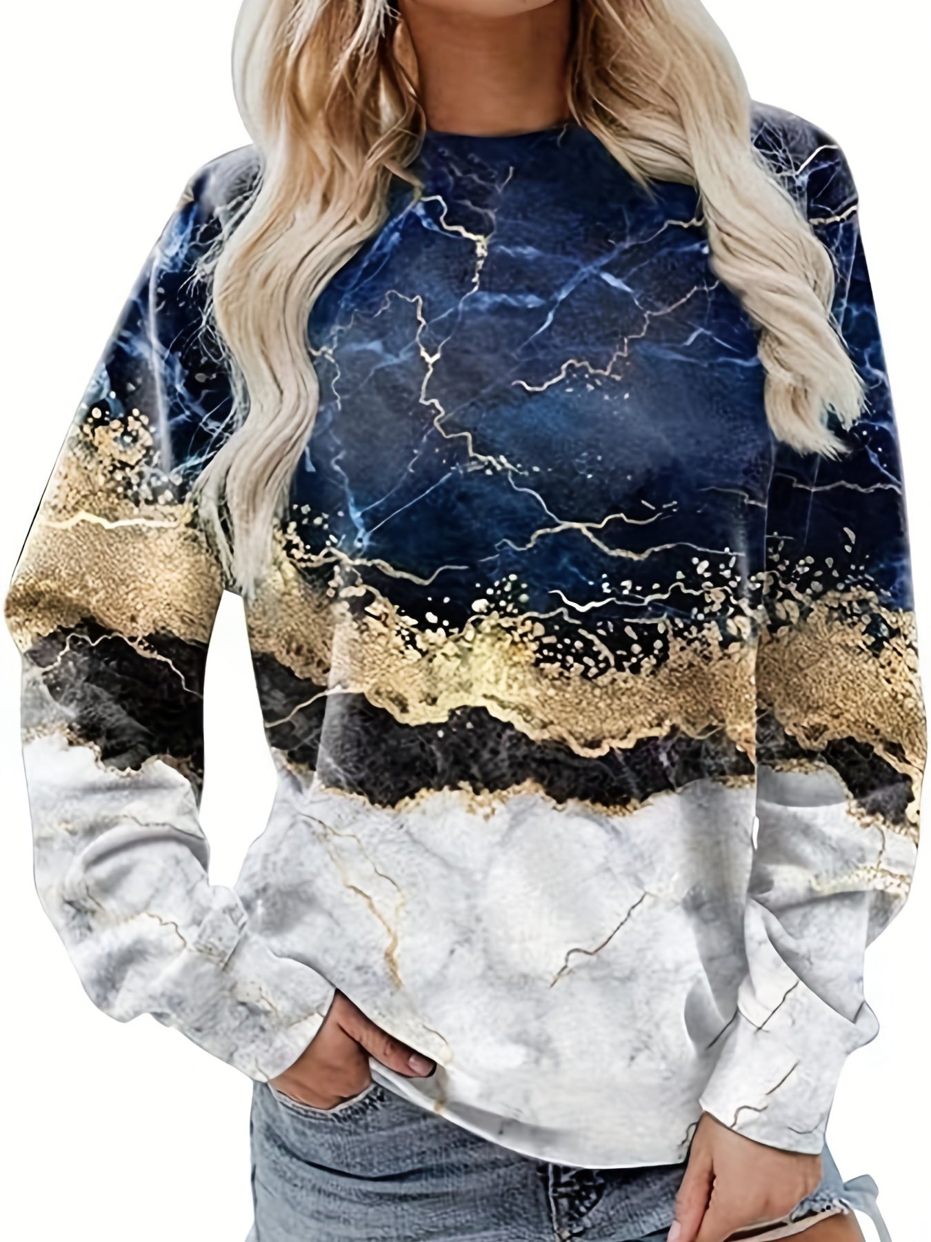 Marble Print Crew Neck Sweatshirt Long Sleeve Casual Top