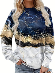 Marble Print Crew Neck Sweatshirt Long Sleeve Casual Top