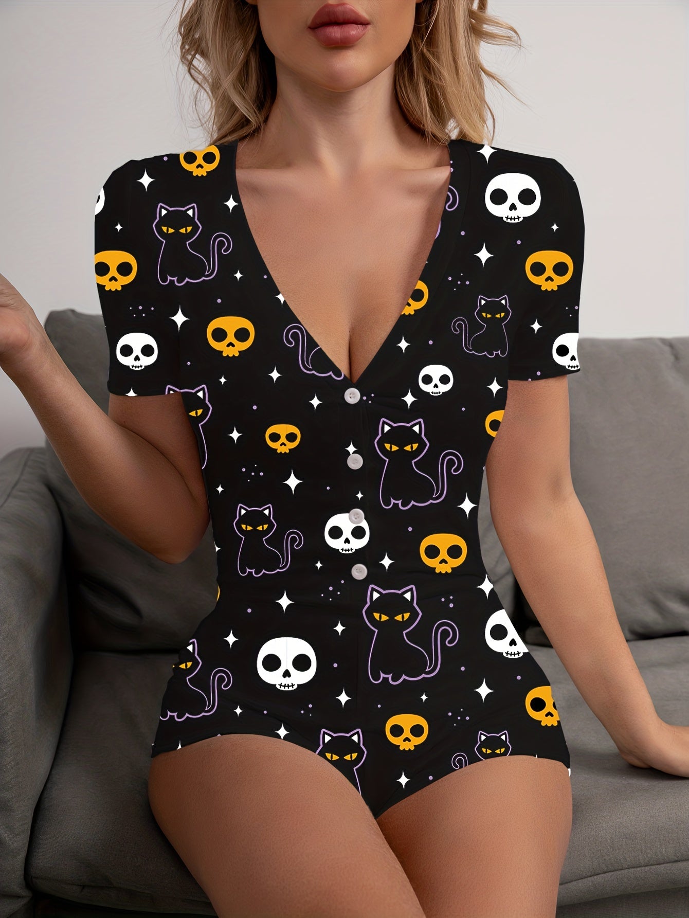 Cat & Skull Print Pajama Romper Short Sleeve V Neck Buttons Pajamas