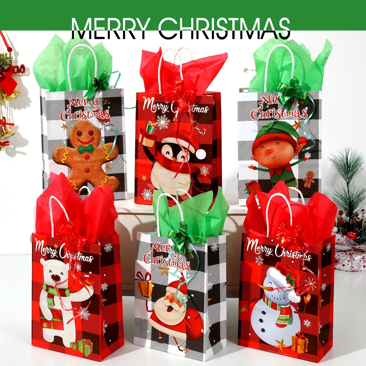 6pc Christmas Gift Bag Set with 12pcs Large Wrapping Papers in Red & Green