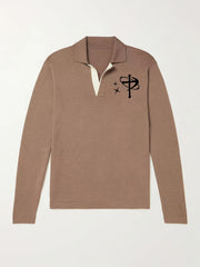 Men's Star & Cross Pattern Knit Polo Shirt Stretch V Neck Sweater
