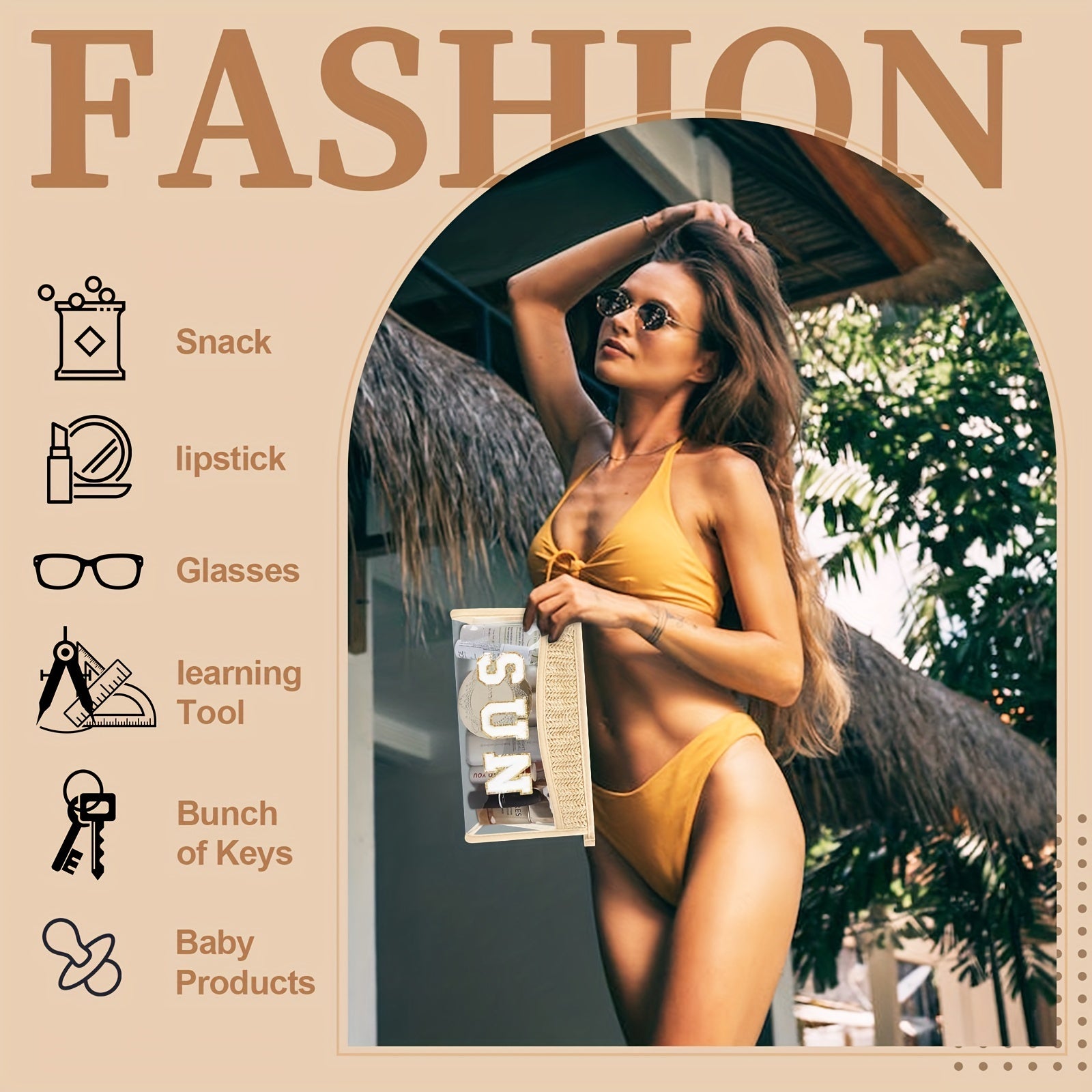 Boho Sun Bag with Clear Patch and Zipper for Makeup, Travel and Cosmetics