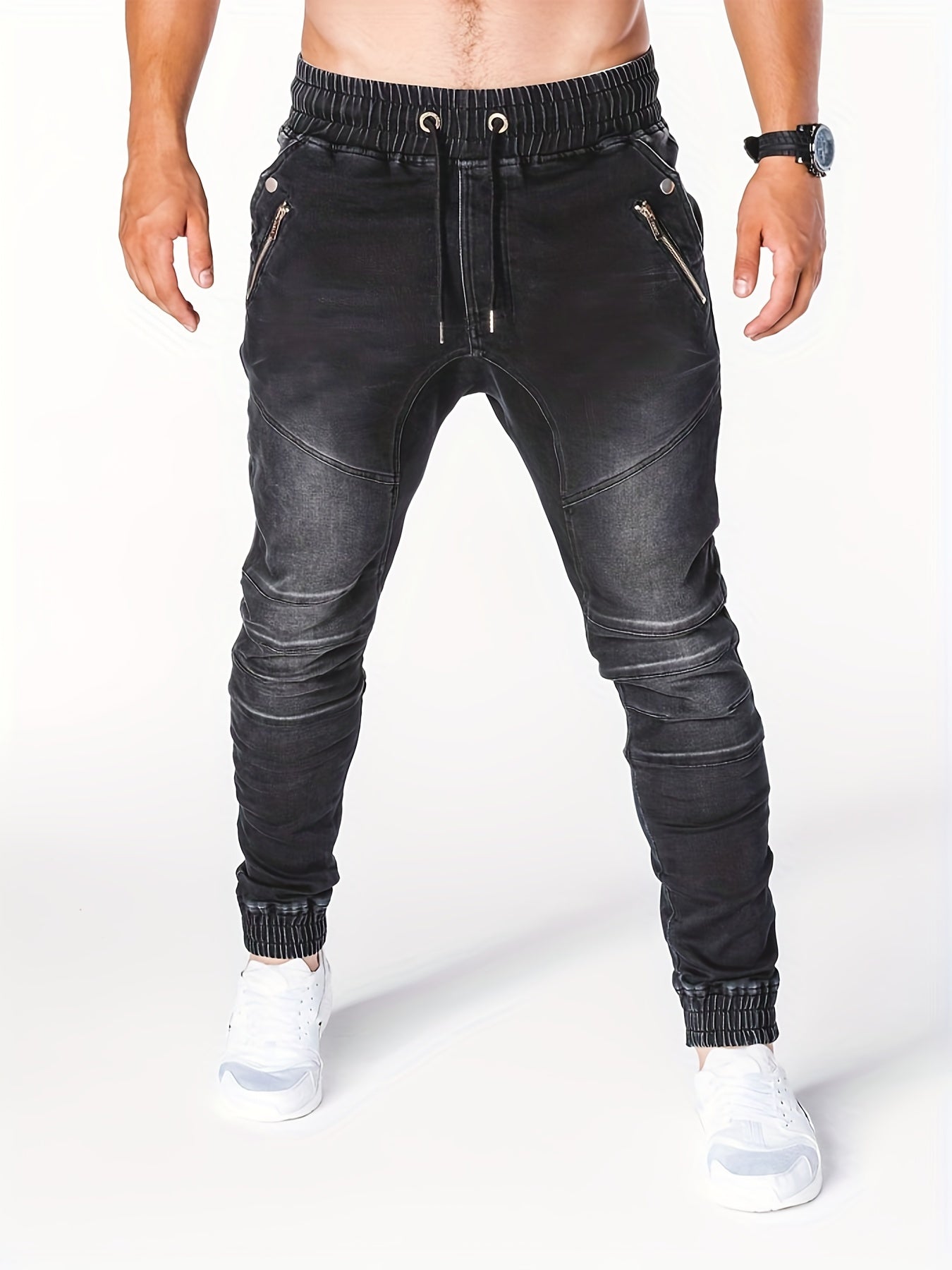 Men's Denim Cargo Pants Zip Pockets Jogger Pants