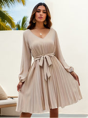 Tie Waist Pleated Dress Lantern Sleeve V neck Dress
