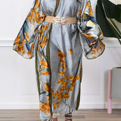 Plus Leaf Print Satin Kimono Cardigan Long Sleeve Open Front