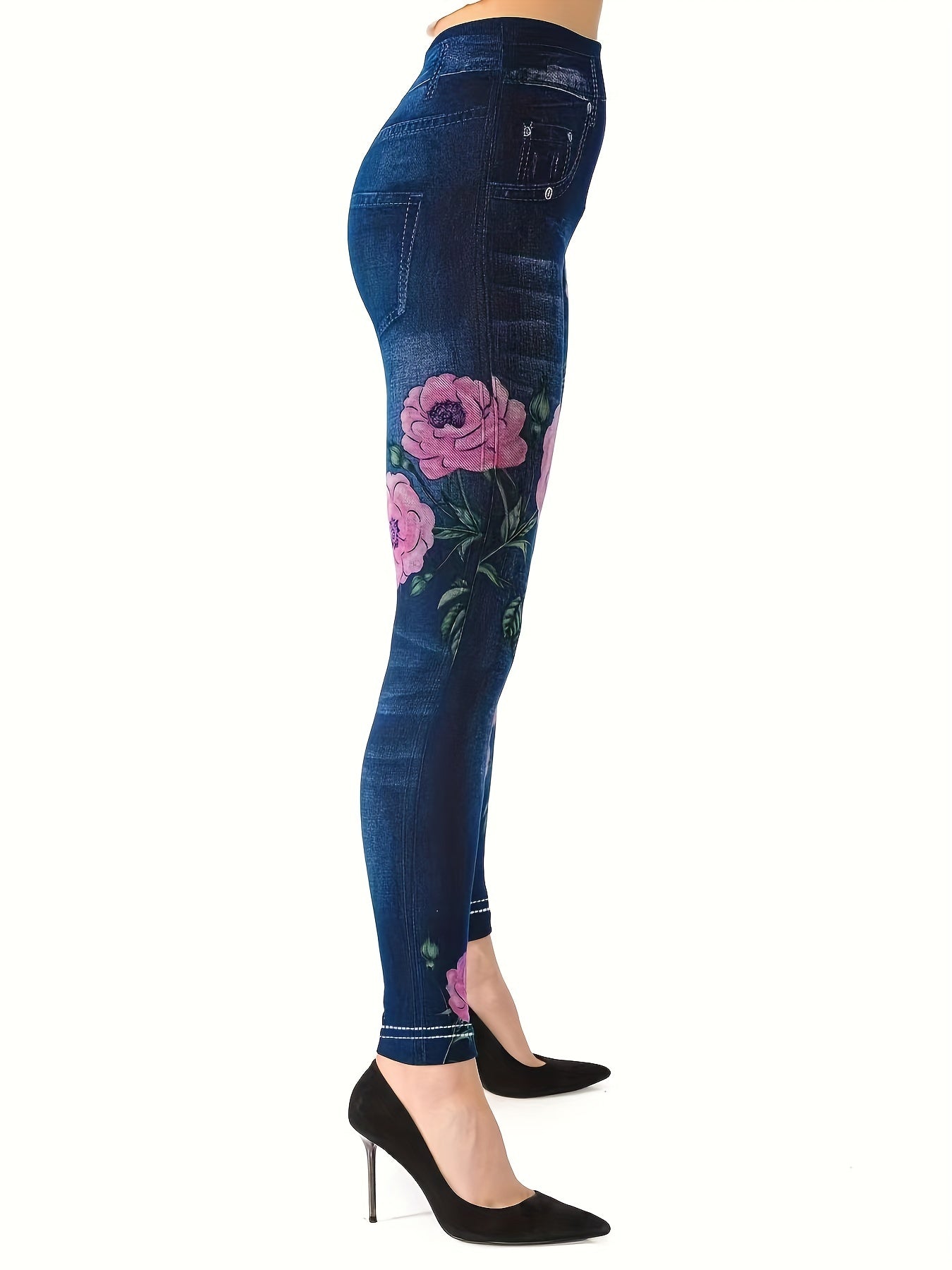 Denim & Floral Print Skinny Leggings Women's Clothing