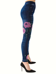 Denim & Floral Print Skinny Leggings Women's Clothing