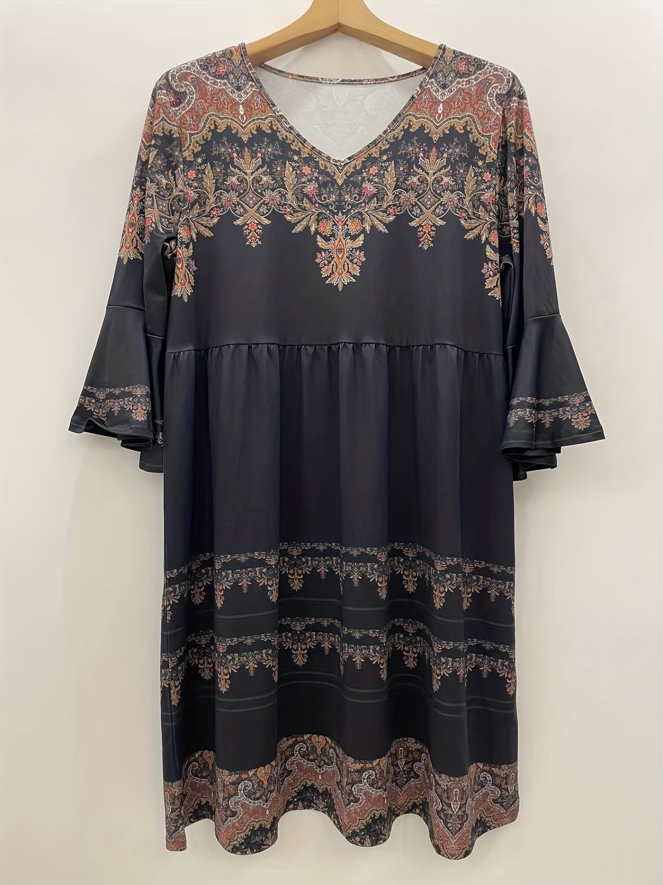 Paisley Print V Neck Stretch Dress