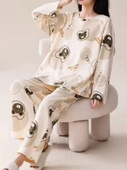 Bear Print Pajama Set Long Sleeve Crew Neck Top & Lounge Pants