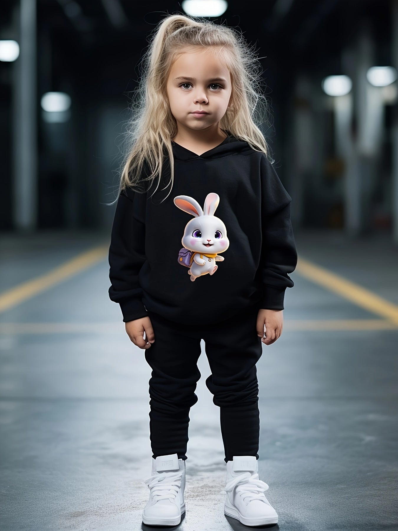 Girls Bunny 3D Print Hooded Sweatshirt Top Sweatpants Set