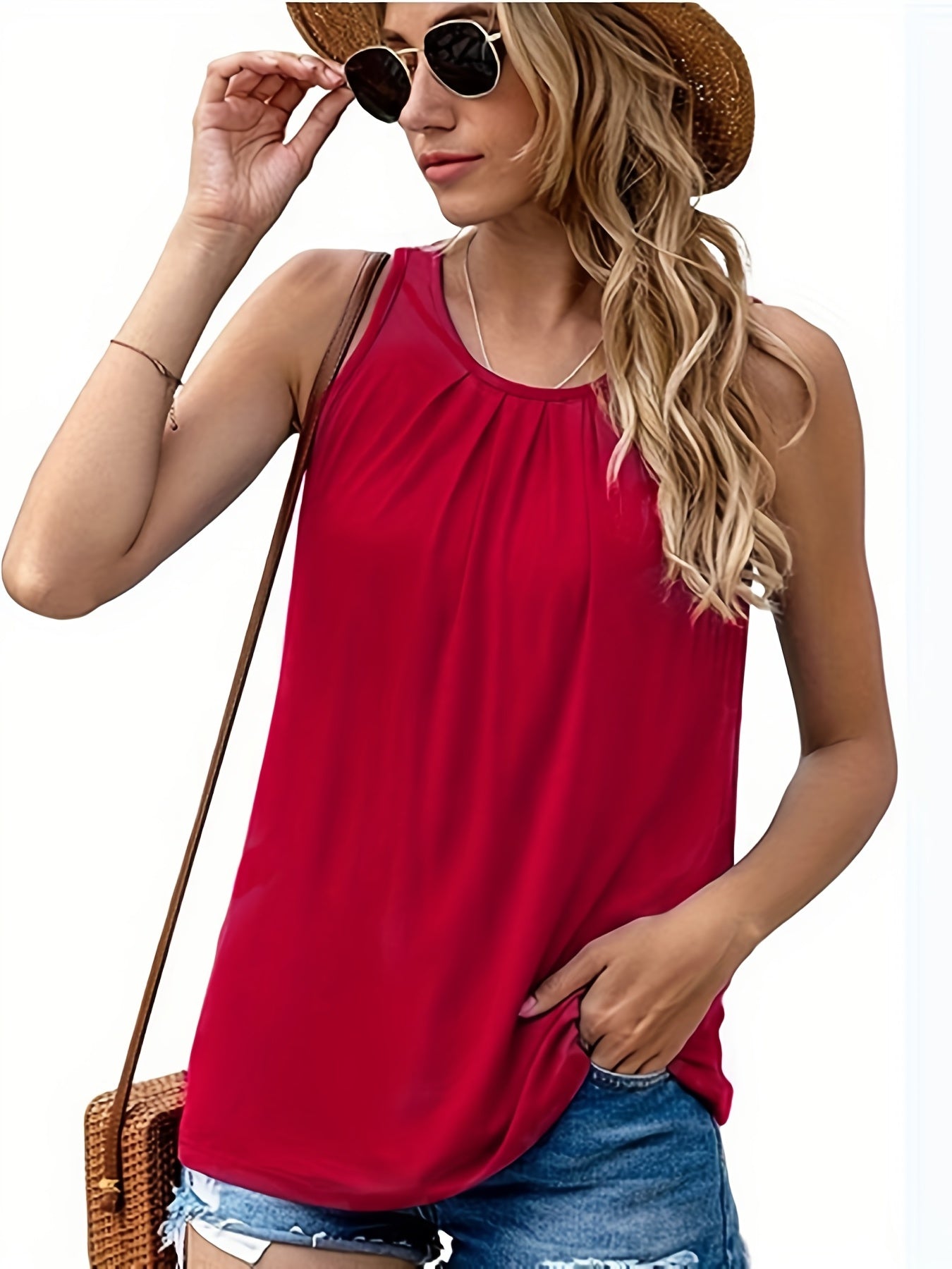 Women's Solid Crew Neck Tank Top Sleeveless Summer Shirt