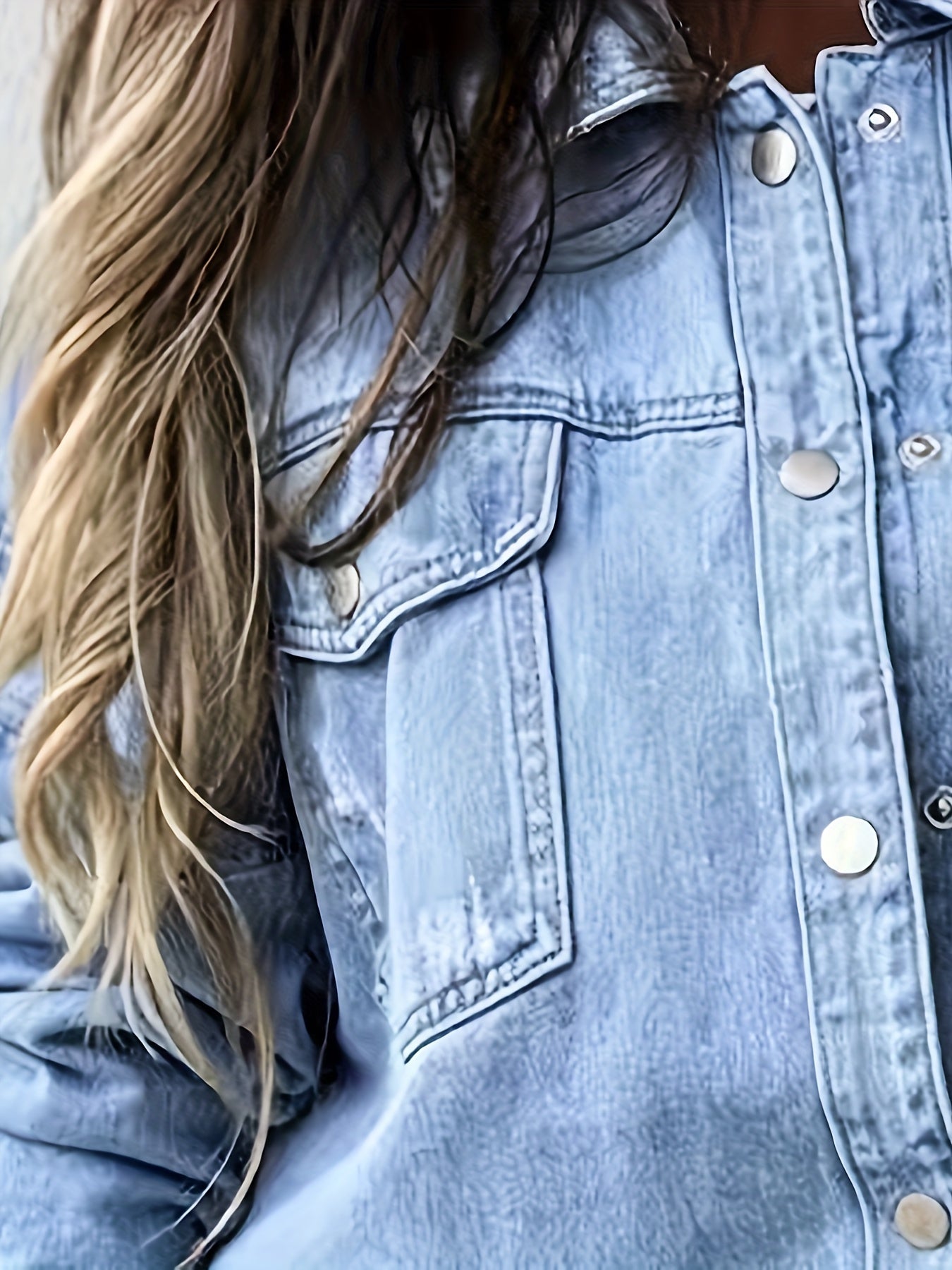 Casual Denim Top Women's Plus Solid Raw Trim Ripped Button Up