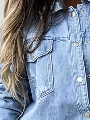Casual Denim Top Women's Plus Solid Raw Trim Ripped Button Up
