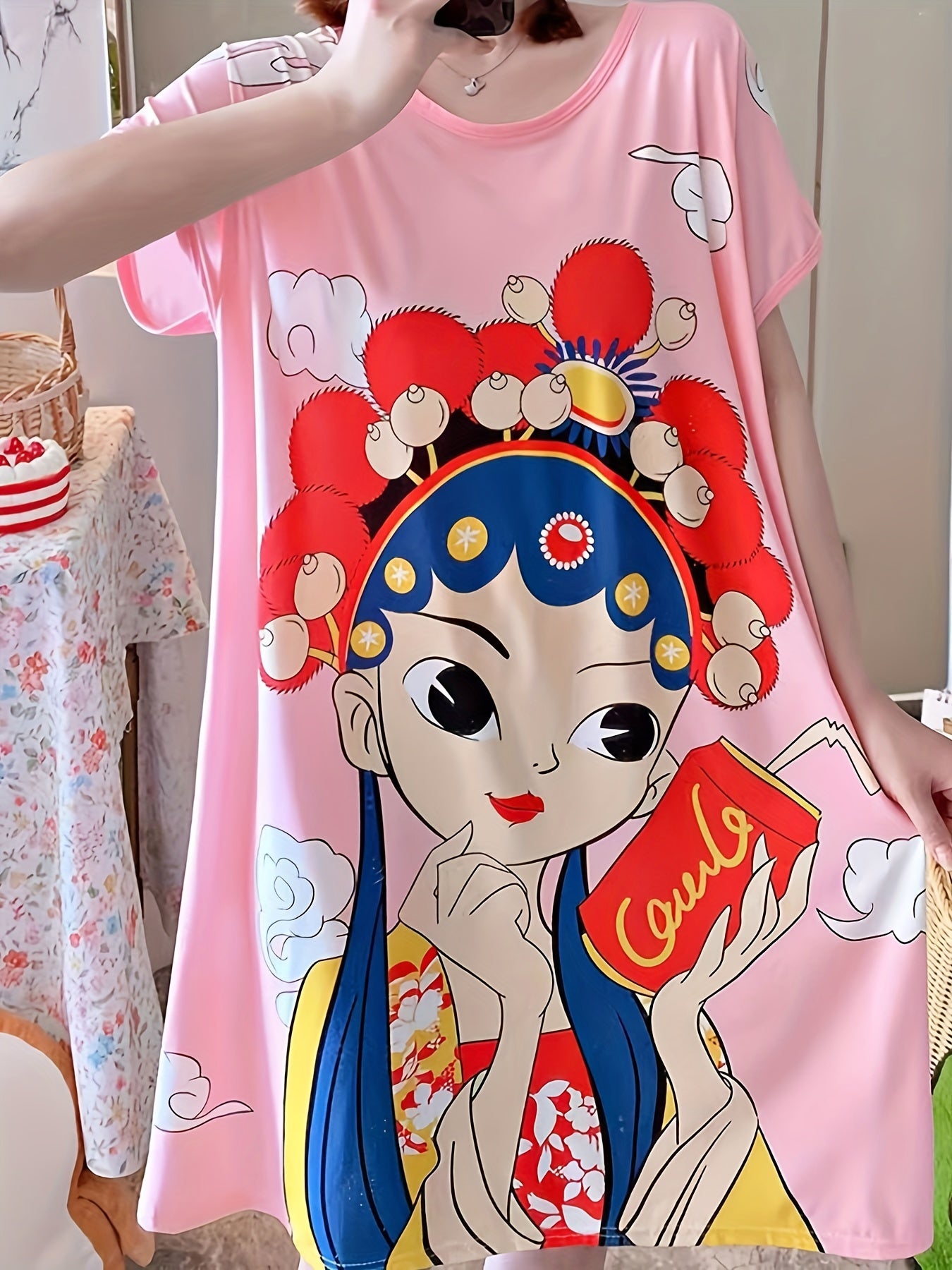 Cartoon Print Loose Sleep Dress & Short Sleeve Women's Loungewear