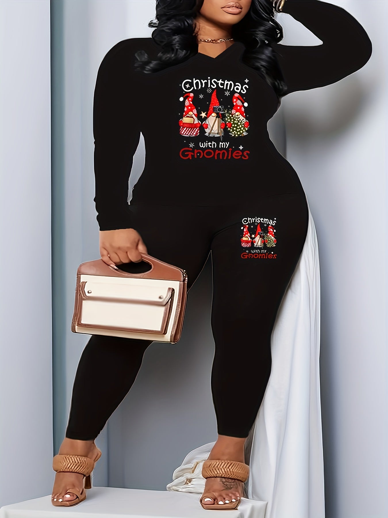 Women's Plus Gnomes & Slogan Print Tee & Pants Set