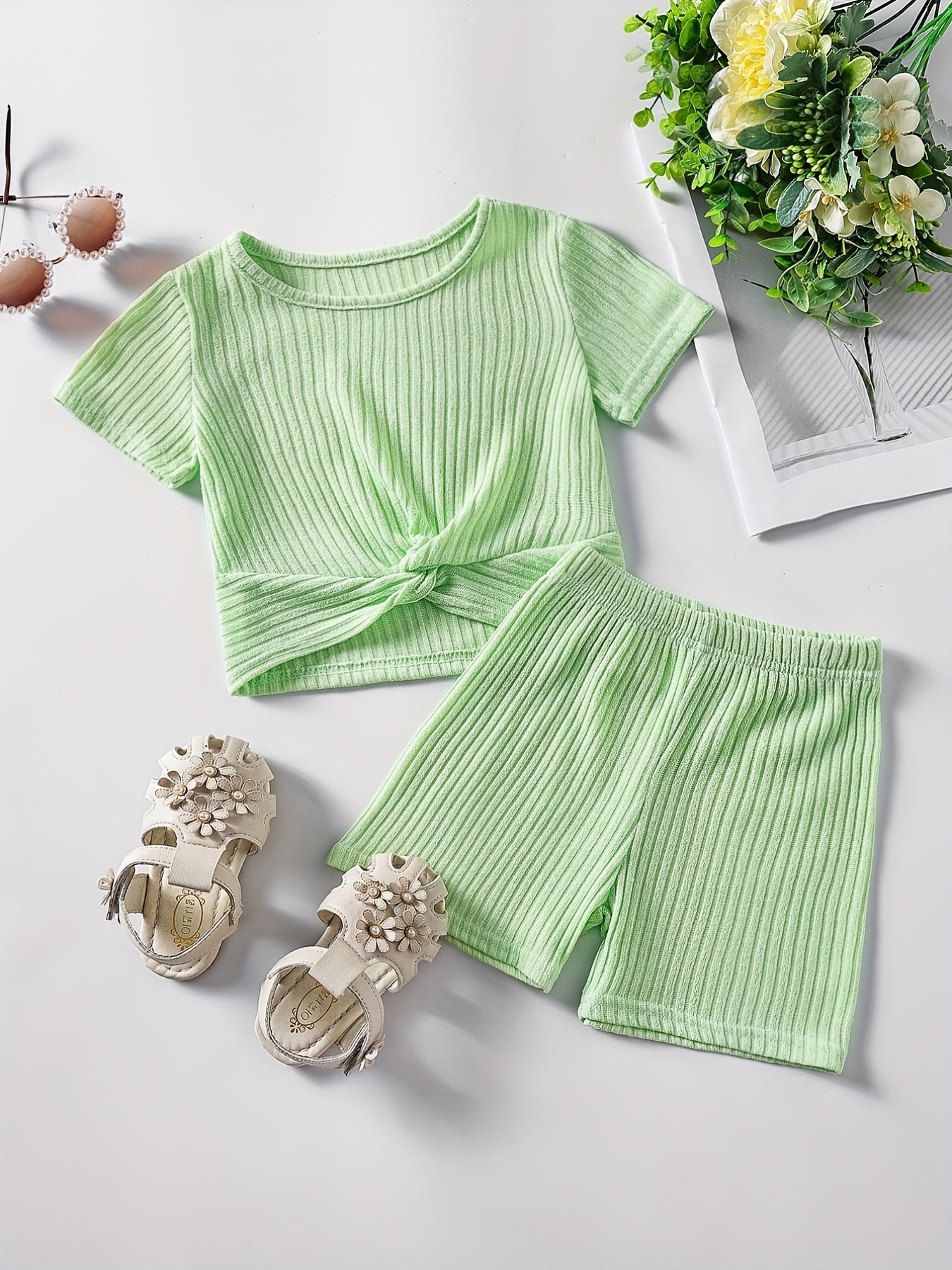 2pcs Toddler Girls Ribbed Knit T Shirt Top & Biker Shorts Set