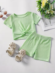 2pcs Toddler Girls Ribbed Knit T Shirt Top & Biker Shorts Set
