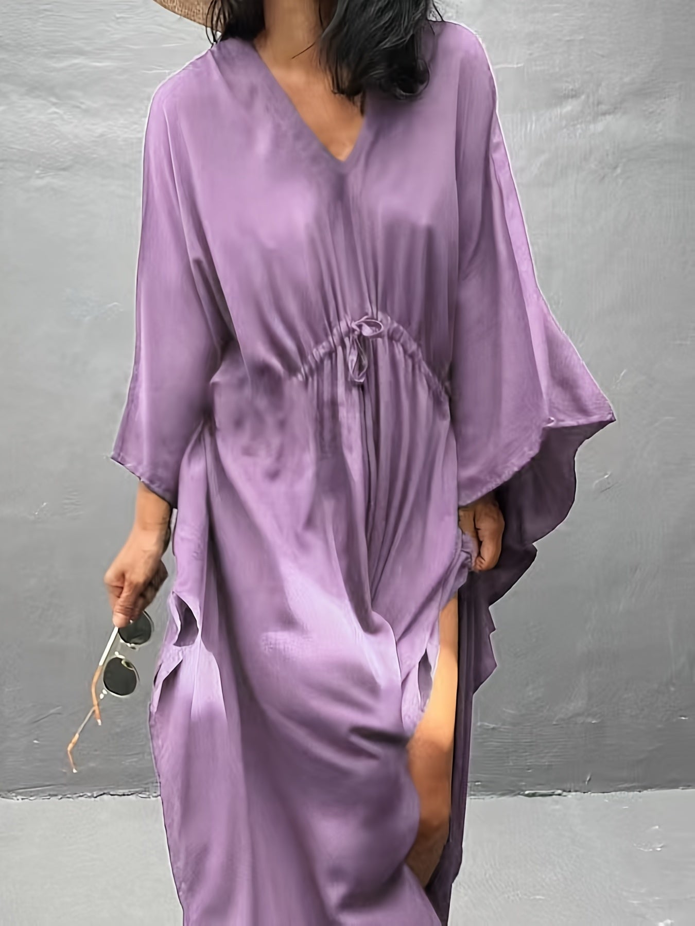 Boho V Neck Cover Up Drawstring Loose Fit Rash Guard Shirt