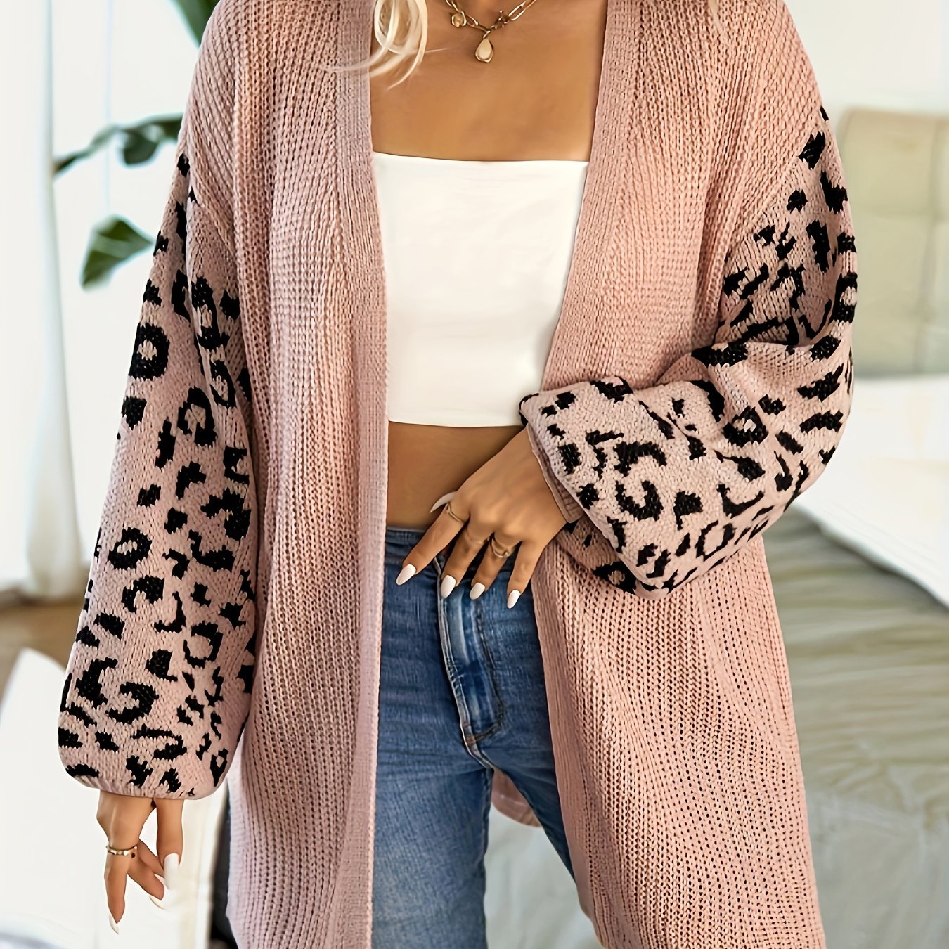Leopard Print Lantern Sleeve Open Front Cardigan