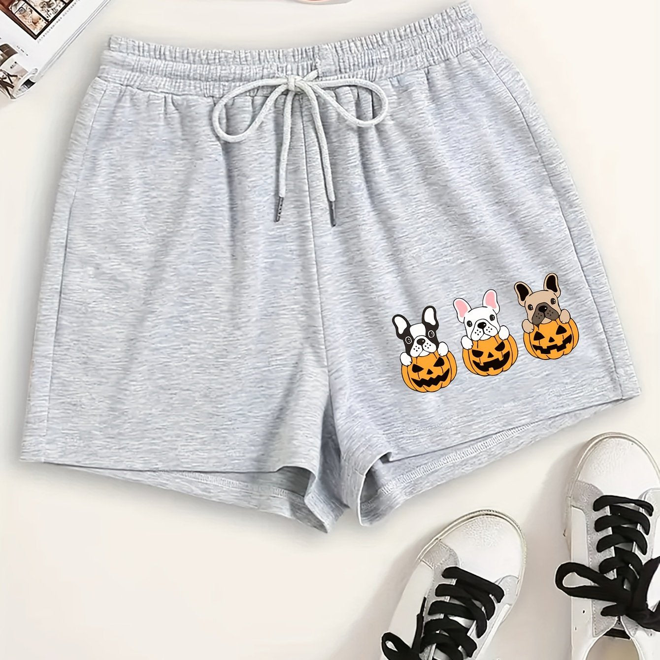 Women's Plus Pumpkin & Puppy Print Drawstring Elastic Waist Shorts