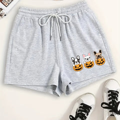 Women's Plus Pumpkin & Puppy Print Drawstring Elastic Waist Shorts