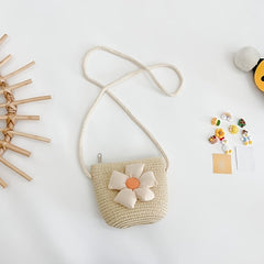 Girls Casual Braided Straw Bag With Flower Decoration Shoulder Bag