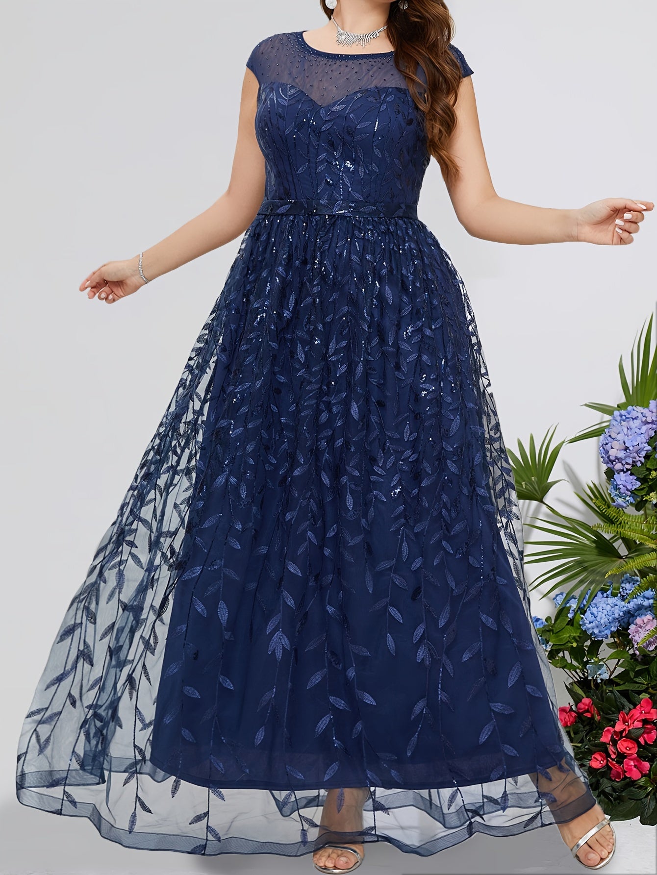 Leaf Print Sequin Cap Sleeve Maxi Evening Formal Dress