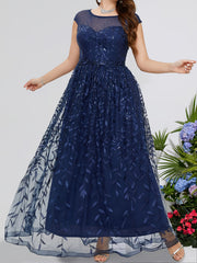 Leaf Print Sequin Cap Sleeve Maxi Evening Formal Dress