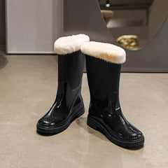Women's Fleece Lined Rain Boots Waterproof Mid Calf Rubber Shoes