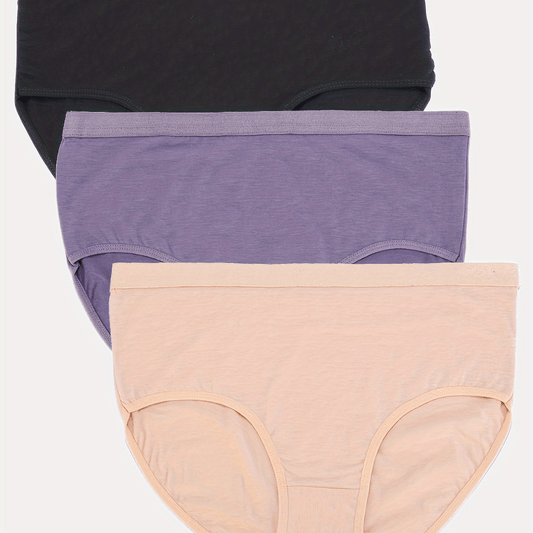 3 Pack Plus Size Basic Panties Set Women's Plus Solid High Rise Underwear