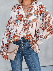 Women's Plus Floral Print Ruffle Trim Lantern Sleeve V Neck Blouse