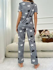 Crown Print Pajama Set Short Sleeve Top & Lounge Pants