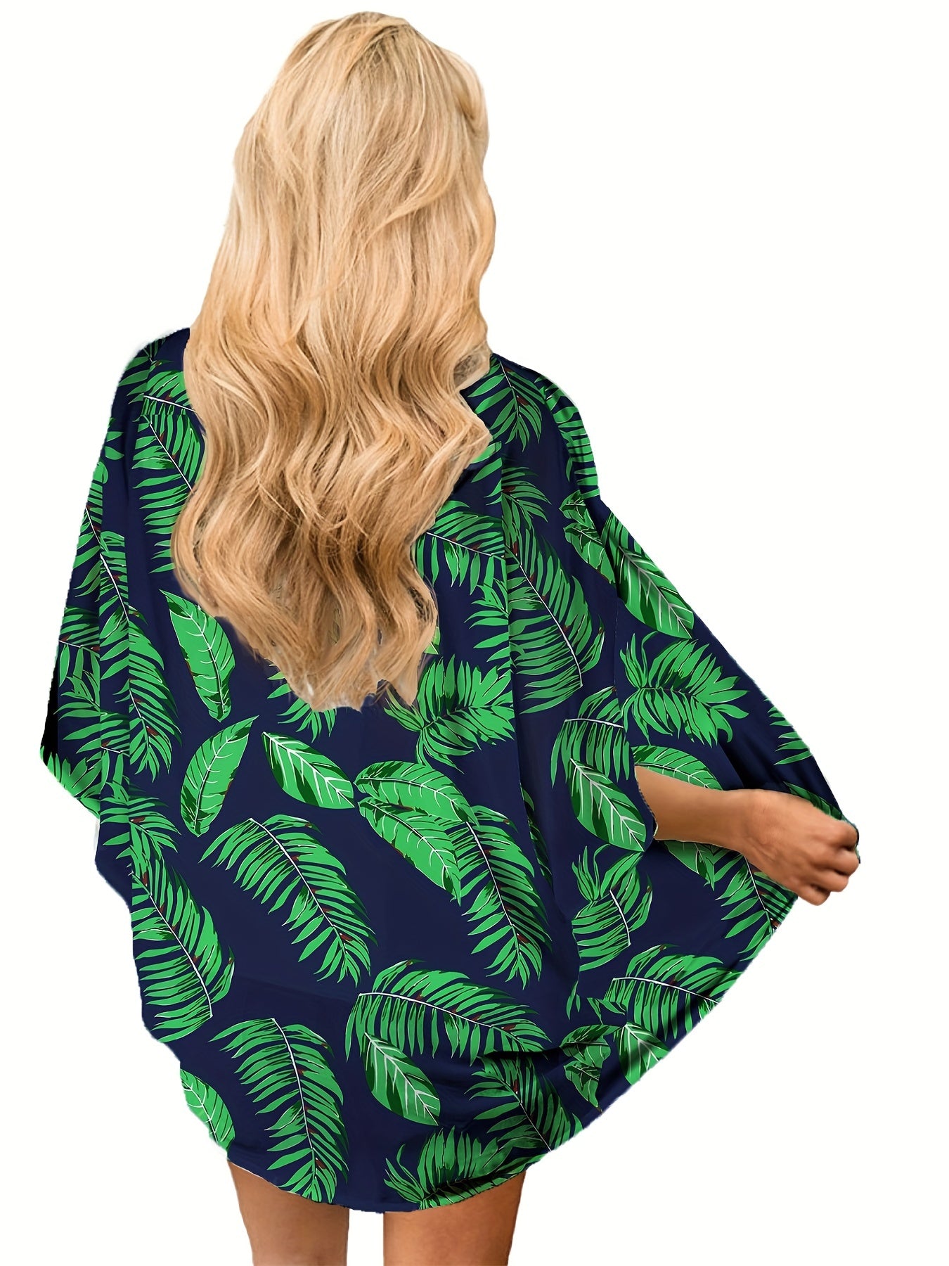 Leaf Print V Neck Loose Fit Beachwear Cover Up Blouse