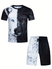 Men's Wolf Pattern T shirt & Active Shorts Set For Fitness